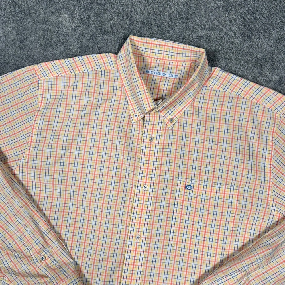 Southern Tide Button Down Shirt Mens Large Tattersall Check Orange Yellow Blue - Picture 2 of 14